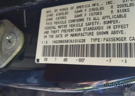 2007 Honda Accord 3.0 Ex z USA, uszkodzony, nr VIN 1HGCM66587A101428